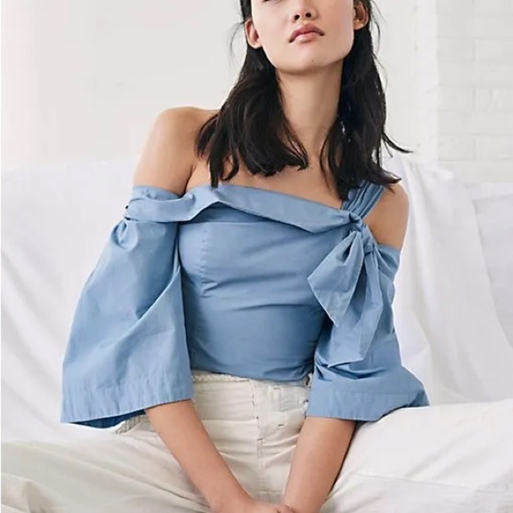 Free People One Shoulder Tie Top Blue Smocked Back Side Zip Blouse Size 6